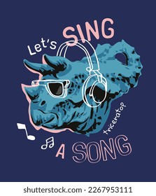 sing a song slogan with cartoon dinosaur in headphone vector illustration