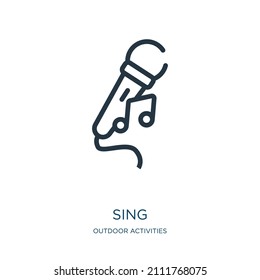 singen Sie ein Symbol mit dünner Linie. Musik, Mikrofon-Linearsymbole aus Outdoor-Aktivitäten Konzept isolierte Umrisszeichen. Vektorgrafik-Symbol-Element für Webdesign und Apps.