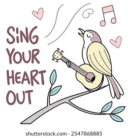 Sing Your Heart Out: Bird with Guitar vector flat design