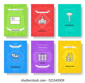 Singaore thin line brochure cards set. Country traditional template of flyear, magazines, posters, book cover, banners. Architecture outline invitation concept background. Layout quality modern pages