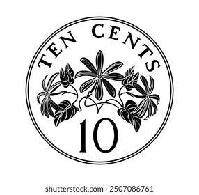 Singapore 10 Cents ribbon upwards. The coin is depicted in black and white. Vector illustration.