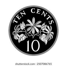 Singapore 10 Cents ribbon upwards. The coin is depicted in black and white. Vector illustration.