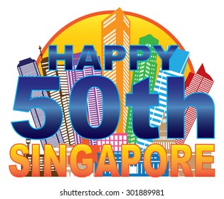 Singapore 2015 Happy 50th National Day City Skyline Silhouette Outline in Circle Color Isolated on White Background Vector Illustration