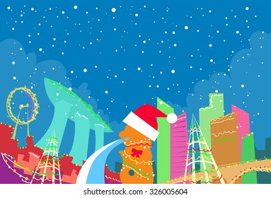 Singapore Abstract Skyline City Skyscraper Christmas Silhouette New Year Flat Colorful Vector Illustration