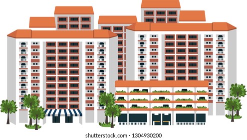 Singapore apartments, public housing buildings, HDB flats residential area on white background, 
