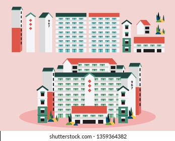 Singapore apartments, public housing buildings, HDB flats residential area vector illustration