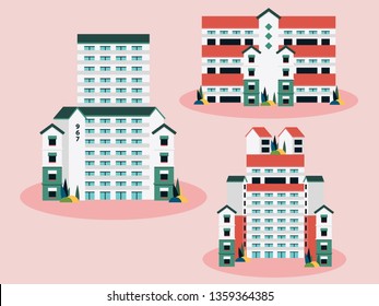 Singapore apartments, public housing buildings, HDB flats residential area vector illustration