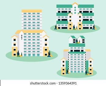 Singapore apartments, public housing buildings, HDB flats residential area vector illustration