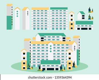 Singapore apartments, public housing buildings, HDB flats residential area vector illustration