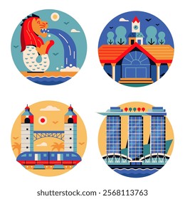 Singapore architectural landmarks circle icons with tourist places including lion, amusement park, market and hotel in flat design. Popular Singapore architectural symbols and travel attractions set.