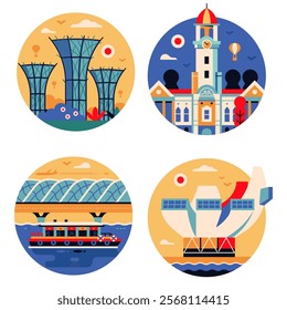 Singapore architectural landmarks circle icons with tourist places including gardens, bridge, church and art museum in flat design. Popular Singapore architectural symbols and travel attractions set.