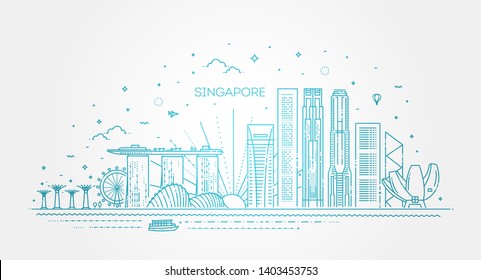 Singapore Architektur Line Skyline Illustration. Lineares Vektorbild mit berühmten Wahrzeichen