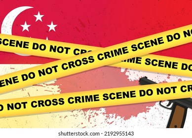 Singapore armed attack vector banner, shooting news concept, armed assault with gun and blood stain on Singapore flag, yellow police tape, crime scene composition, top view, flat design