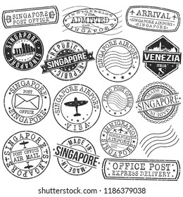 Singapore Asia Stamp Vector Art Postal Passport Travel Design Set Postmark.