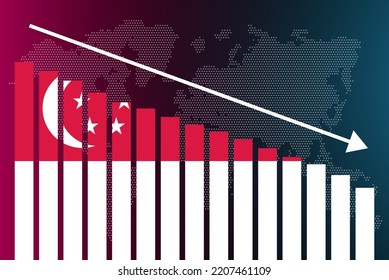 Singapore bar chart graph, decreasing values, crisis and downgrade concept, Singapore flag on bar graph, down arrow on data, news banner idea, fail and decrease, financial statistic