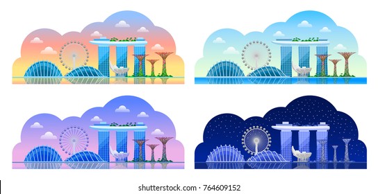 Singapore. Beautiful Horizontal Panoramic View. Morning, Afternoon, Day, Evening, Night, Sunrise, Dawn, Sunset. Vector Flat Illustrations.