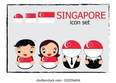 Singapore boy, girl, businessman, business women cartoon vector illustration and Singapore  round square and normal flag icon set
