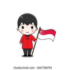 Singapore boy in national dress with flag. Vector illustration of chibi character isolated on white background.