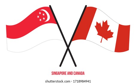 Singapore and Canada Flags Crossed And Waving Flat Style. Official Proportion. Correct Colors.