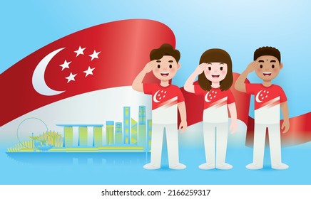 Singapore Celebrated 57th National Day With Chinese, Malay And Indian With Singapore Cityscape