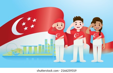 Singapore Celebrated National Day With Chinese, Malay And Indian With Singapore Cityscape