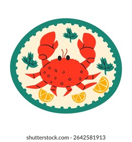 Singapore Chilli Crab in vector illustration , Mediterranean sea food , summer vibe . Red crab on hand drawn plate with lemon