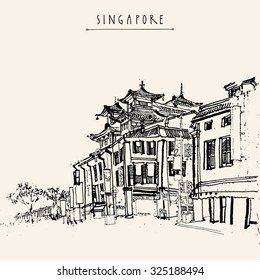 Singapore China town drawing. Vintage travel postcard or poster with hand lettering