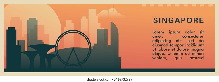 Singapore Stadt Brutalismus Vektorbanner mit Skyline, Stadtlandschaft. Asiatische metropolitane, horizontale Illustration, Reiselayout für Webpräsentation, Kopfzeile, Fußzeile