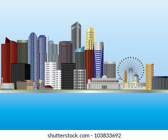 Singapore City by the Mouth of Singapore River Skyline Illustration