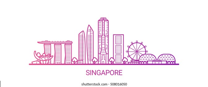 Singapore city colored gradient line. All Singapore buildings - customizable objects with opacity mask, so you can simple change composition and background fill. Line art.