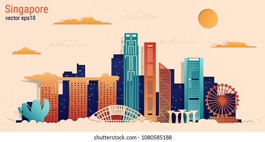 Singapore city colorful paper cut style, vector stock illustration. Cityscape with all famous buildings. Skyline Singapore city composition for design 