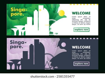 Singapore city horizon profile banner, placard, header, footer. Metropolitan downtown vector website page layout with panoramic front view