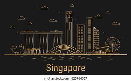 Singapore city line art, golden architecture vector illustration, skyline city, all famous buildings.