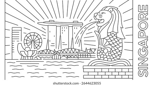 Singapore city line art vector. Illustration with all famous buildings