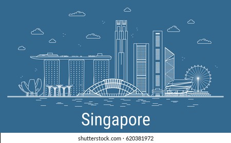 Singapore city line art Vector illustration with all famous buildings. Cityscape.