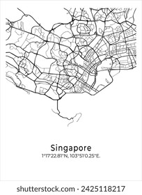 Singapore city map. Travel poster vector illustration with coordinates. Singapore Map in light mode.