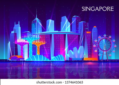 Singapore city night skyline cartoon vector background. Illuminated neon light modern skyscrapers, resort hotels, museum and ferris wheel on bay illustration. Asia metropolis touristic attractions