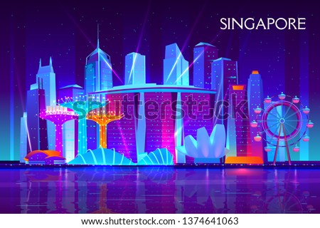 Singapore city night skyline cartoon vector background. Illuminated neon light modern skyscrapers, resort hotels, museum and ferris wheel on bay illustration. Asia metropolis touristic attractions