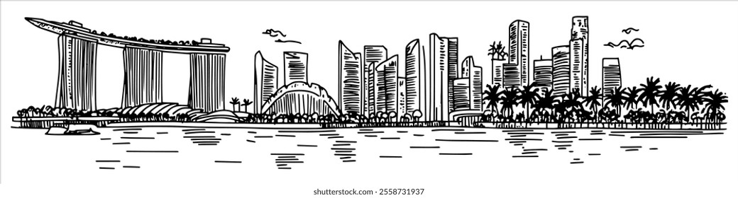 Singapore city panorama hand drawing doodle hatching vector sketch