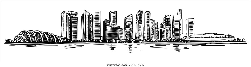 Singapore city panorama hand drawing doodle hatching vector sketch