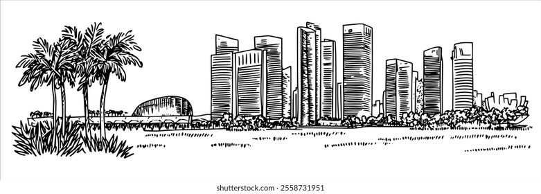 Singapore city panorama hand drawing doodle hatching vector sketch