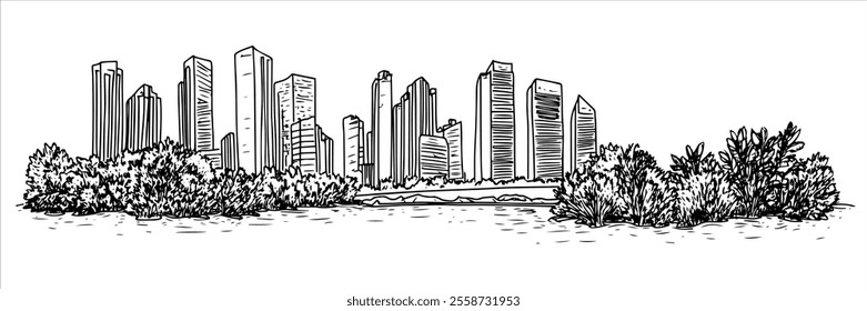 Singapore city panorama hand drawing doodle hatching vector sketch