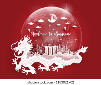Singapore city skyline with buildings and famous landmarks with dragon in a glassball of world map in paper cut style vector illustration. Travel poster, post card and tour company. 