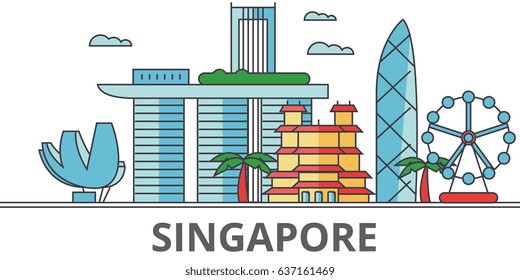 Singapore city skyline: buildings, streets, silhouette, architecture, landscape, panorama, landmarks. Editable strokes. Flat design line vector illustration concept. Isolated icons on white background