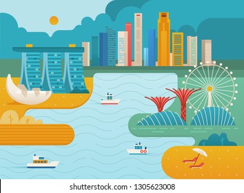 Singapore city skyline. Cityscape with all famous buildings. Vector illustration.