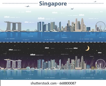 Singapore City Skyline At Day And Night Vector Illustration