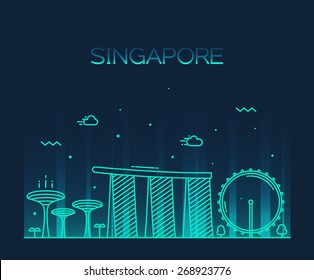 Singapore City Skyline Detailed Silhouette. Trendy Vector Illustration, Line Art Style.