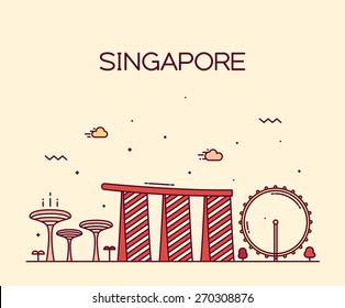 Singapore City skyline detailed silhouette. Trendy vector illustration, line art style.