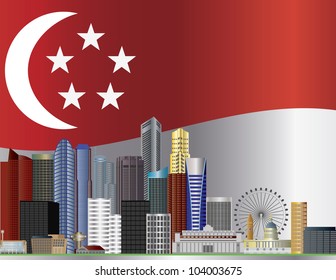 Singapore City Skyline with Singapore Flag Background Illustration