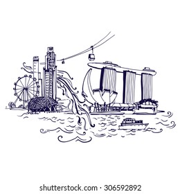 Singapore city skyline at Marina Bay vector illustration Places and Architecture around the World  - Collection of hand drawn illustrations  